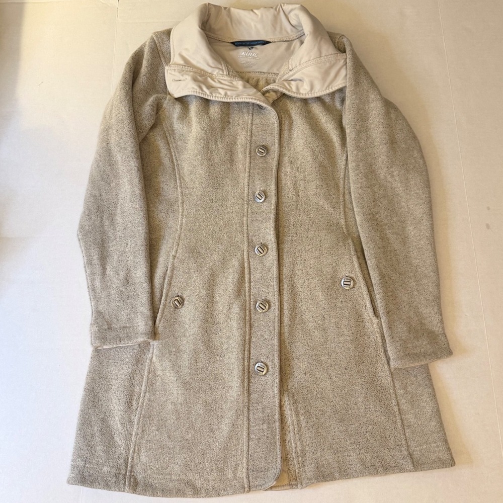 Kuhl Women's Oatmeal Fleece Long Button Front Coat Jacket size Small